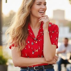 Vintage Women's Red Button Up Sailboat Shirt 4P Nautical